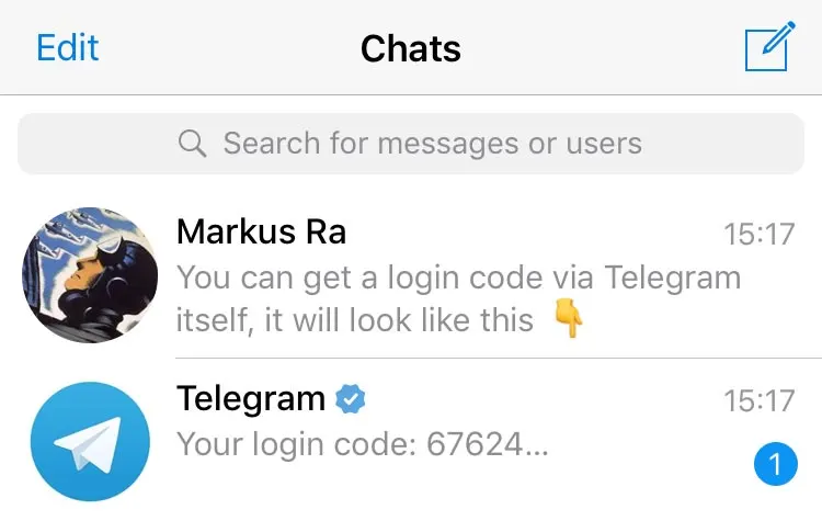 Écran de code de vérification Telegram