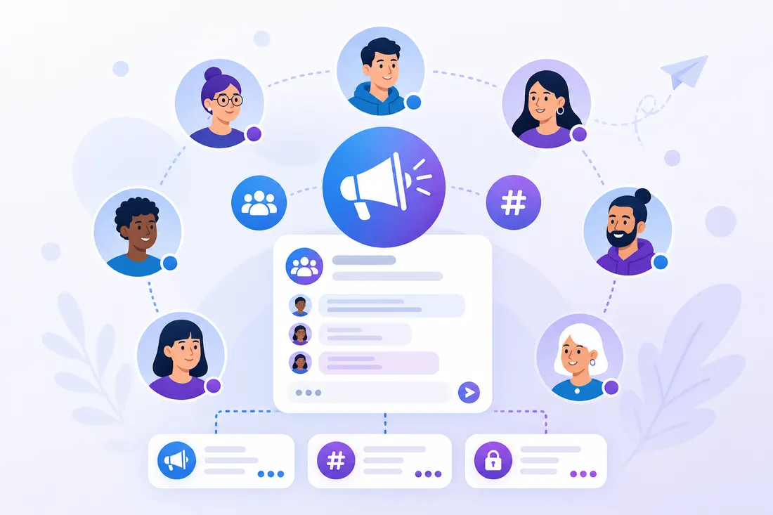 Communauté Telegram animée dans un grand groupe avec sujets thématiques
